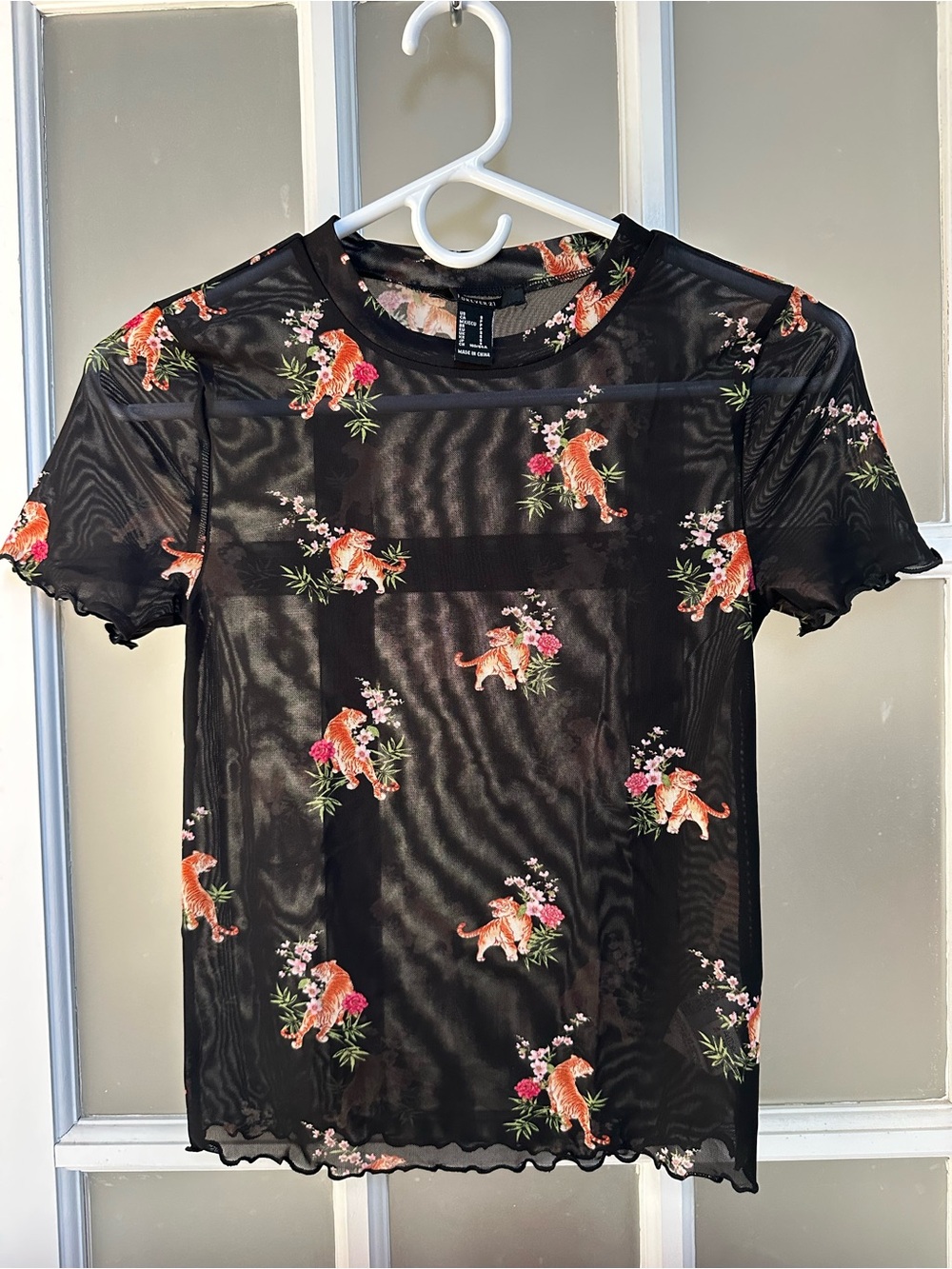Forever 21 Sheer Black Floral Tiger Print Short Sleeve Top